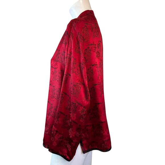 Vintage Chico's Asian Design Silk Button Down Shirt Red & Black sz 2= L - Picture 2 of 8